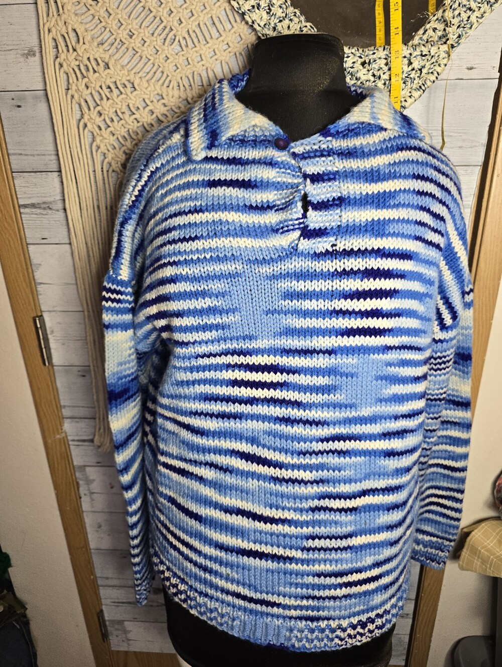 Vtg 70s Handmade Blue Multi-Stripe Knit Pullover Sweater Cottagecore Grandmacore